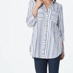 Susan Graver Womens 3X Yarn Dyed Button Front Shirt Blue Stripe Chest Pockets NW